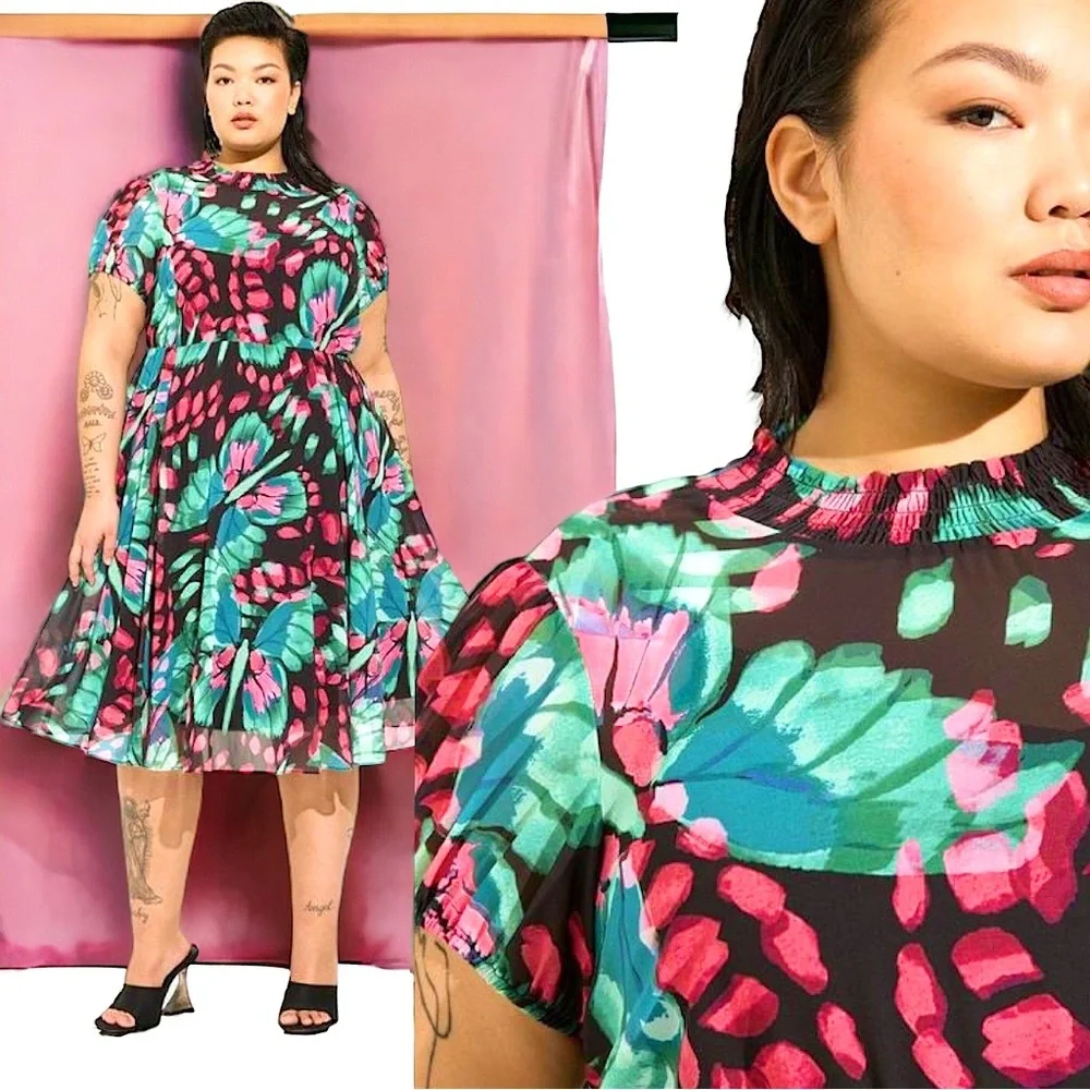 Torrid Butterfly Floral Print Midi Chiffon Mock Neck Skater Dress Size 1 1XL NWT - Picture 2 of 13
